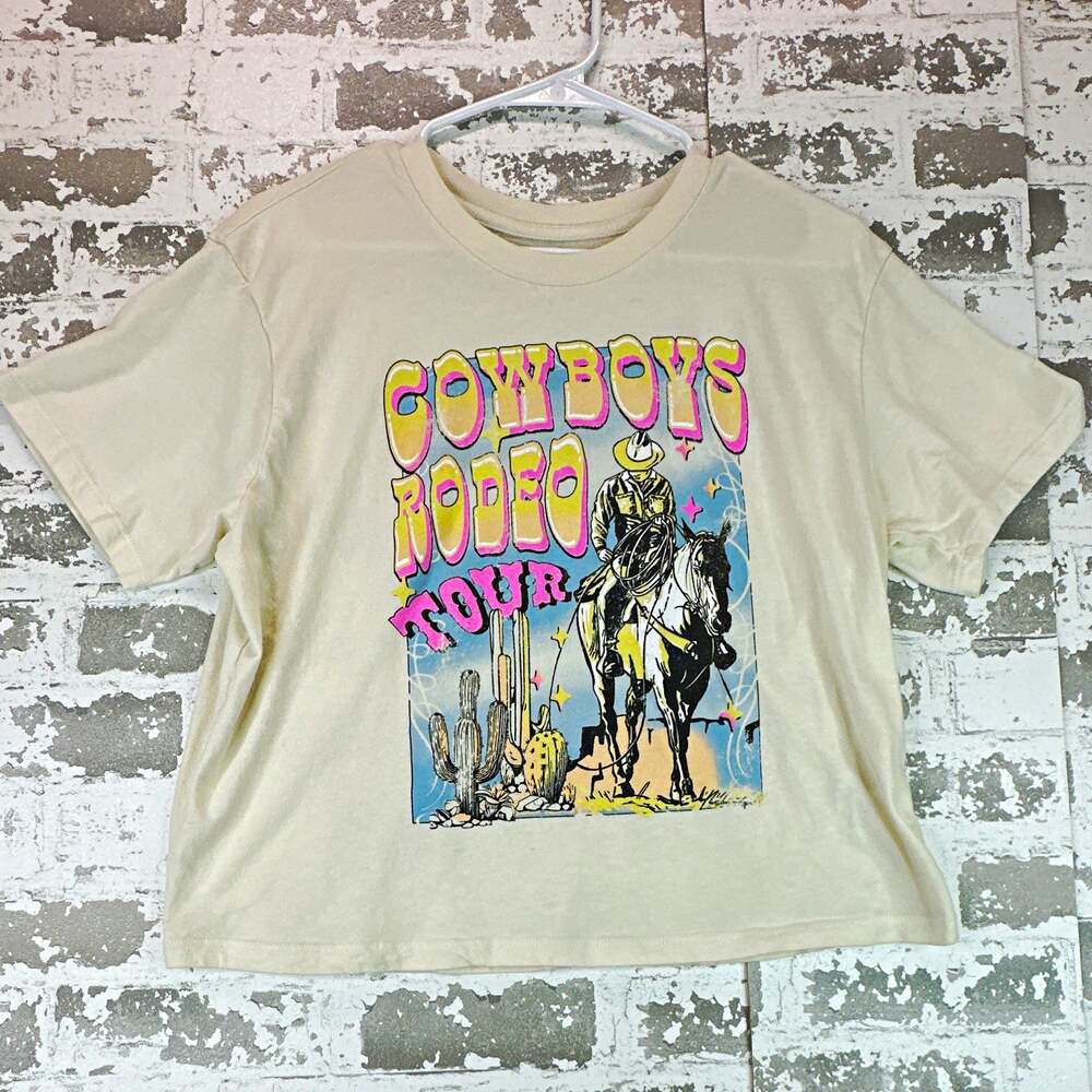 Rebellious One Men's Beige Cowboys Rodeo Tour Graphic Crew Neck Tee Cotton L